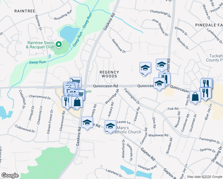 map of restaurants, bars, coffee shops, grocery stores, and more near 1408 Westridge Road in Henrico