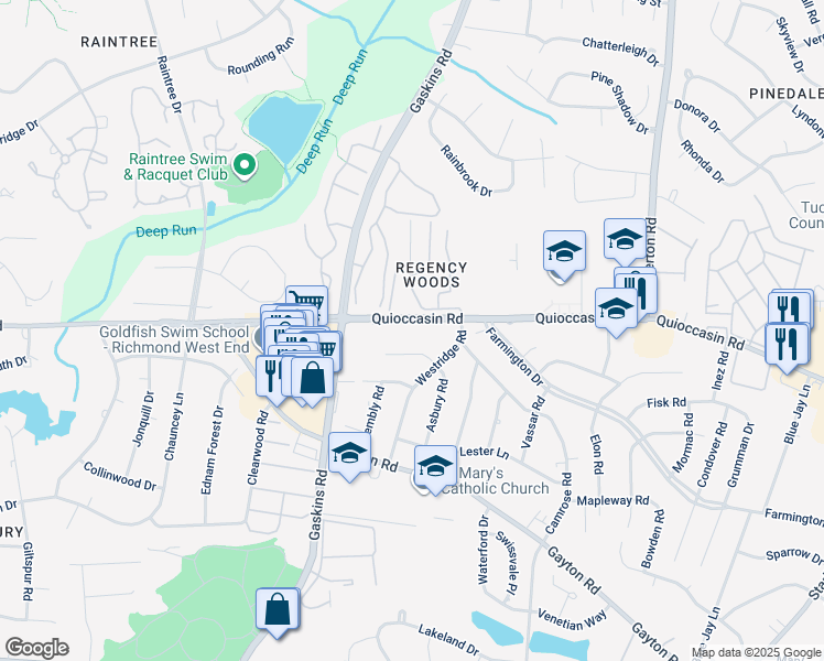 map of restaurants, bars, coffee shops, grocery stores, and more near 9613 Quioccasin Road in Henrico