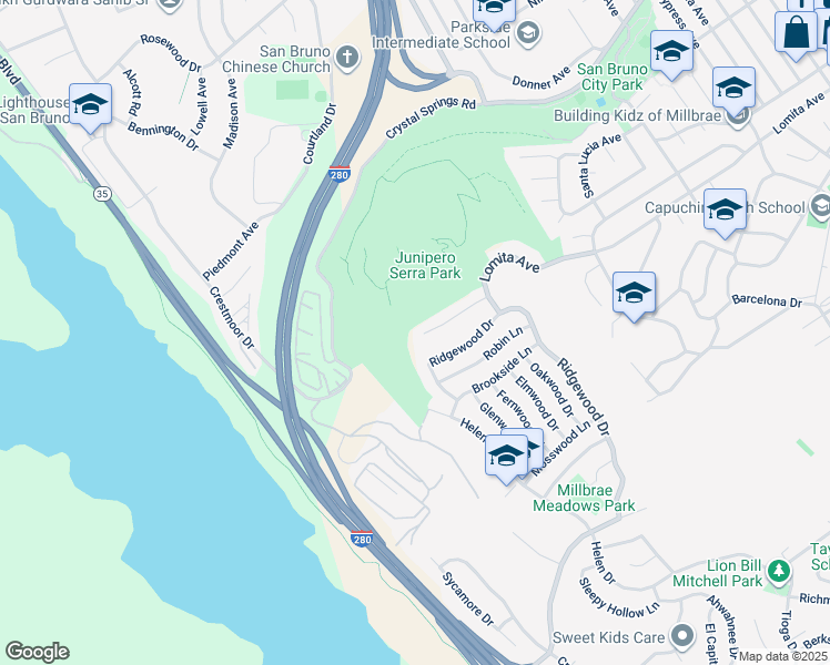 map of restaurants, bars, coffee shops, grocery stores, and more near 1385 Terrace Drive in Millbrae