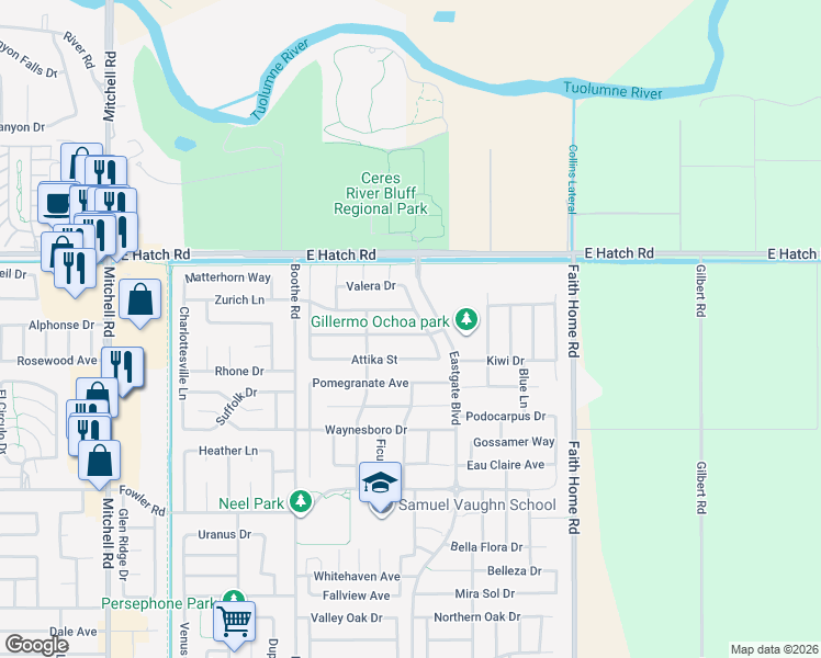 map of restaurants, bars, coffee shops, grocery stores, and more near 3738 Larian Way in Ceres