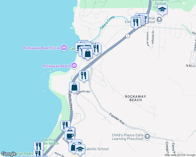 map of restaurants, bars, coffee shops, grocery stores, and more near 416 Copeland Street in Pacifica