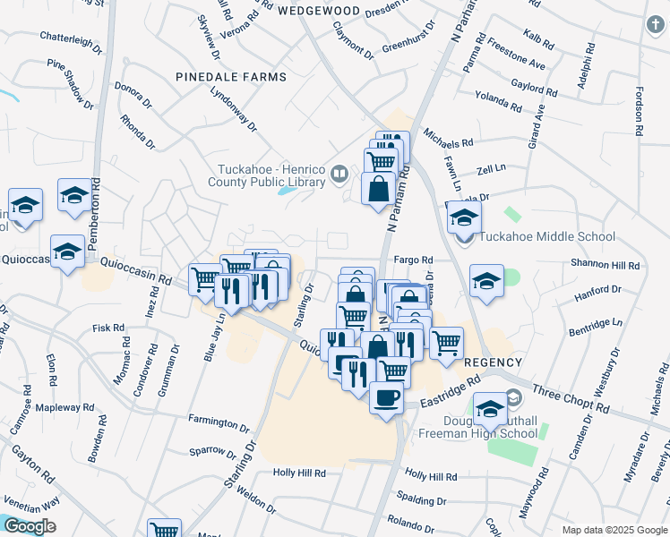 map of restaurants, bars, coffee shops, grocery stores, and more near 221 Gateway East in Henrico