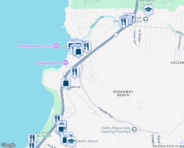 map of restaurants, bars, coffee shops, grocery stores, and more near 511 Buel Avenue in Pacifica