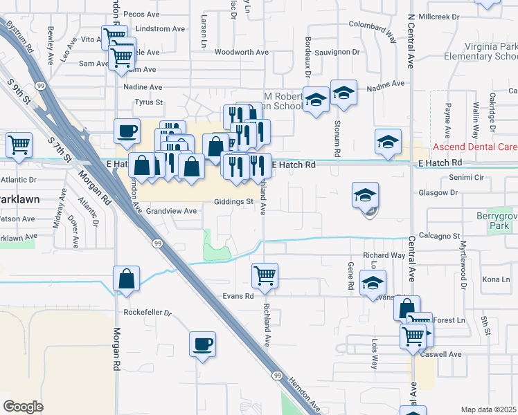 map of restaurants, bars, coffee shops, grocery stores, and more near 1625 Richland Avenue in Ceres