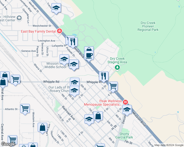map of restaurants, bars, coffee shops, grocery stores, and more near 331 Whipple Road in Union City