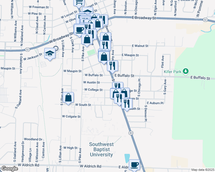 map of restaurants, bars, coffee shops, grocery stores, and more near 803 South Albany Avenue in Bolivar