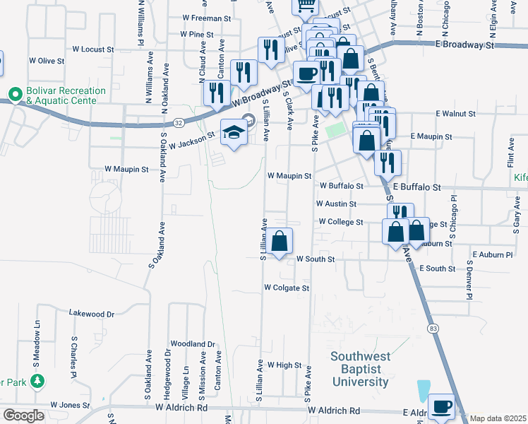map of restaurants, bars, coffee shops, grocery stores, and more near 801 South Lillian Avenue in Bolivar