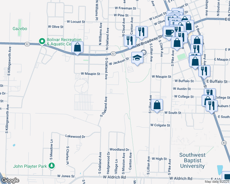 map of restaurants, bars, coffee shops, grocery stores, and more near 915 West College Street in Bolivar