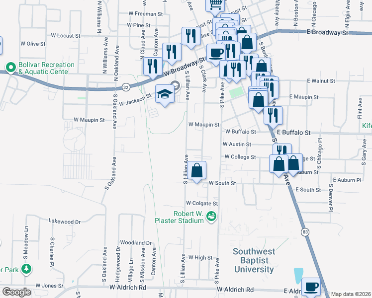 map of restaurants, bars, coffee shops, grocery stores, and more near 799 S Lillian Ave in Bolivar