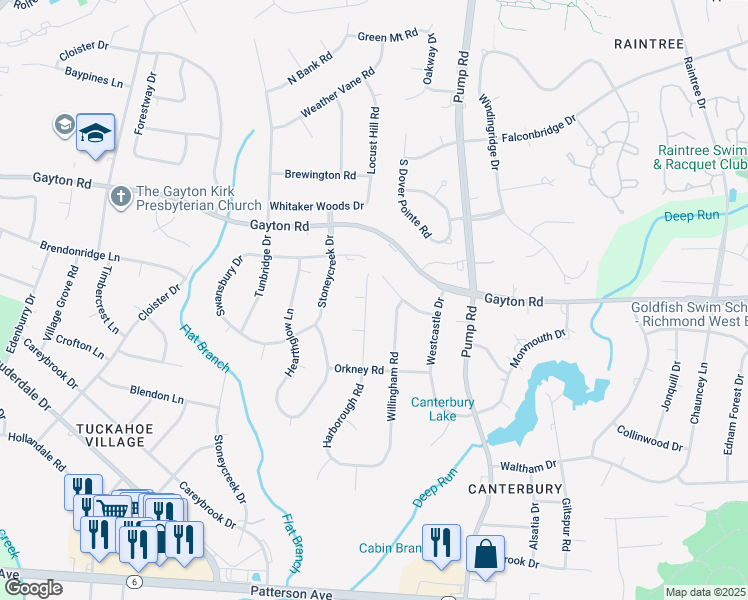 map of restaurants, bars, coffee shops, grocery stores, and more near 1613 Harborough Road in Richmond
