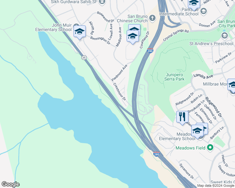 map of restaurants, bars, coffee shops, grocery stores, and more near 101 Darby Place in San Bruno