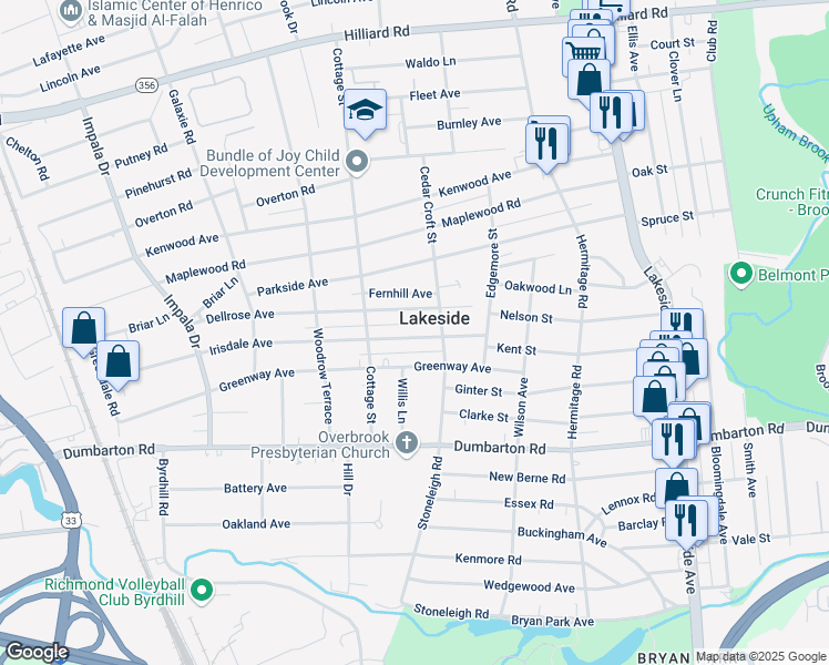 map of restaurants, bars, coffee shops, grocery stores, and more near 2614 Greenway Avenue in Richmond