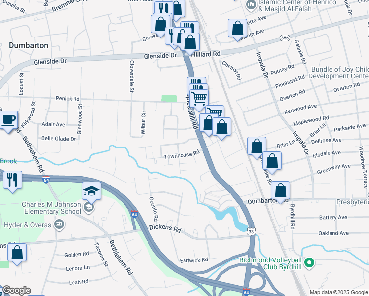 map of restaurants, bars, coffee shops, grocery stores, and more near 4111 Townhouse Road in Henrico