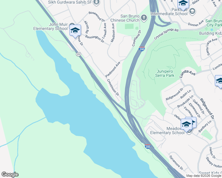 map of restaurants, bars, coffee shops, grocery stores, and more near 3600 Crestmoor Drive in San Bruno