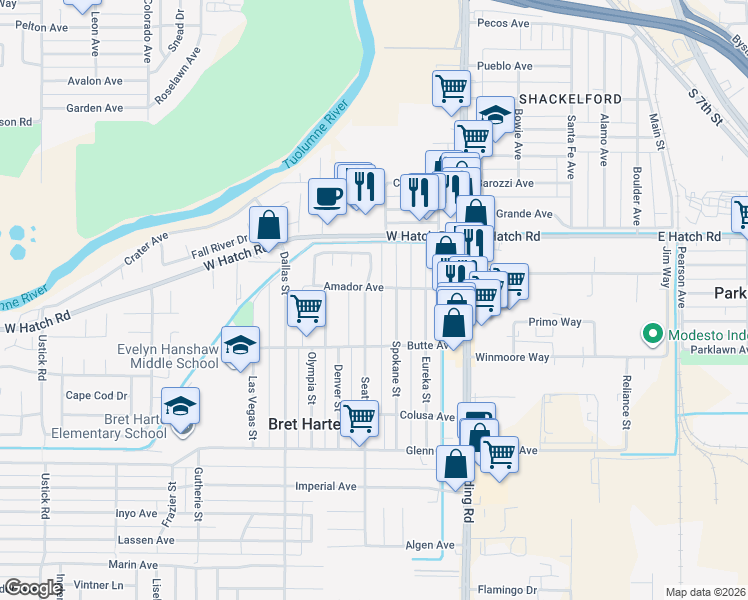 map of restaurants, bars, coffee shops, grocery stores, and more near 321 Amador Avenue in Modesto