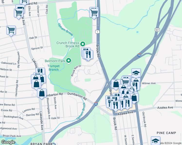 map of restaurants, bars, coffee shops, grocery stores, and more near 1900 Cliffbrook Lane in Richmond