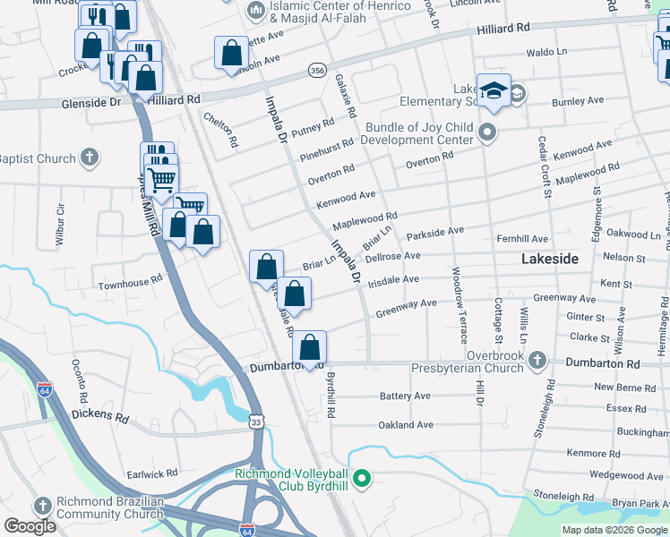 map of restaurants, bars, coffee shops, grocery stores, and more near 6300 Impala Drive in Richmond