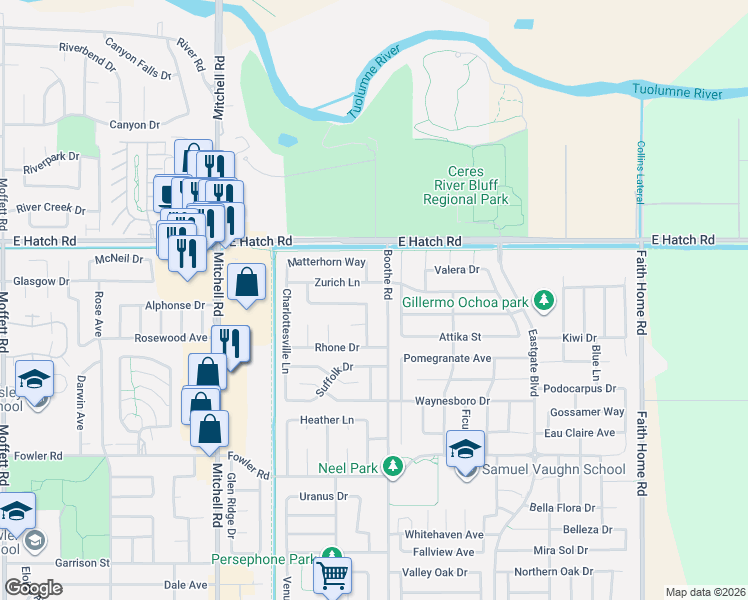 map of restaurants, bars, coffee shops, grocery stores, and more near 3417 Zurich Lane in Ceres