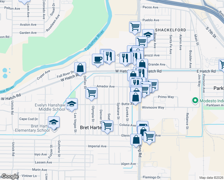 map of restaurants, bars, coffee shops, grocery stores, and more near 321 Amador Avenue in Modesto