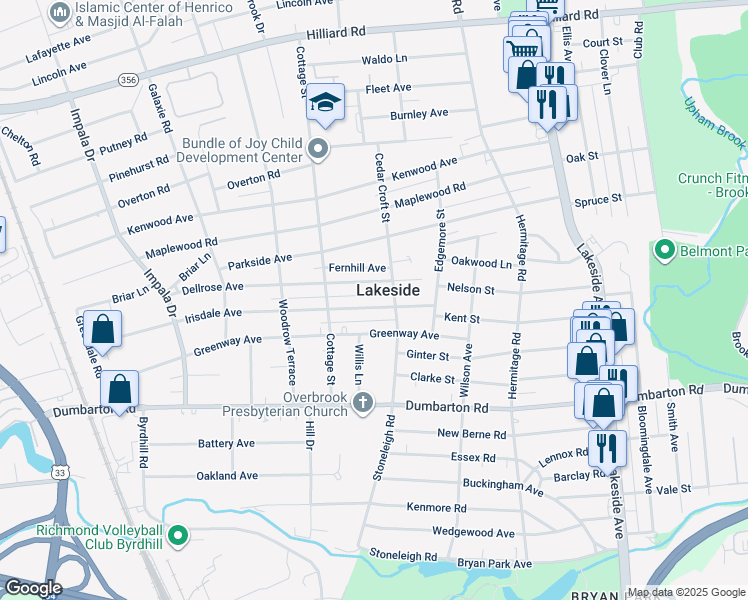 map of restaurants, bars, coffee shops, grocery stores, and more near 2616 Dellrose Avenue in Richmond
