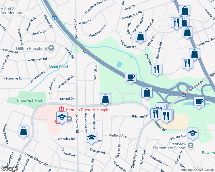 map of restaurants, bars, coffee shops, grocery stores, and more near 1800 Bayberry Court in Richmond