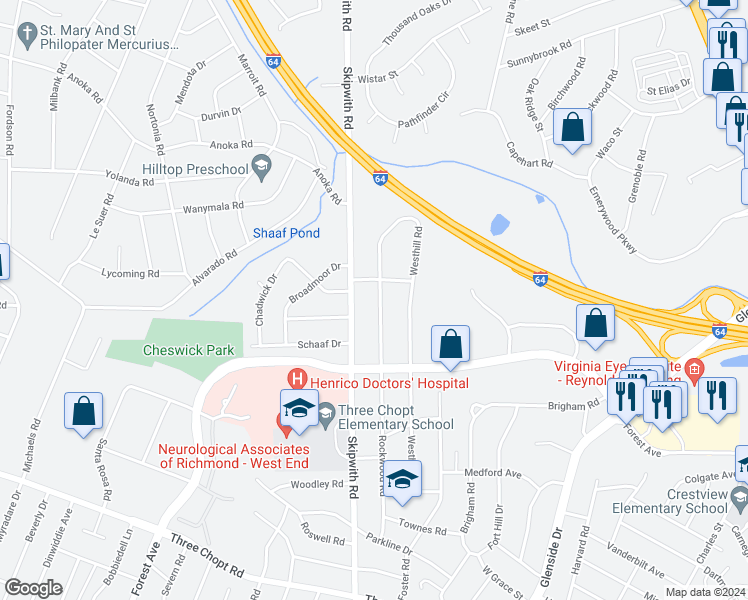 map of restaurants, bars, coffee shops, grocery stores, and more near 1724 Rockwood Road in Richmond