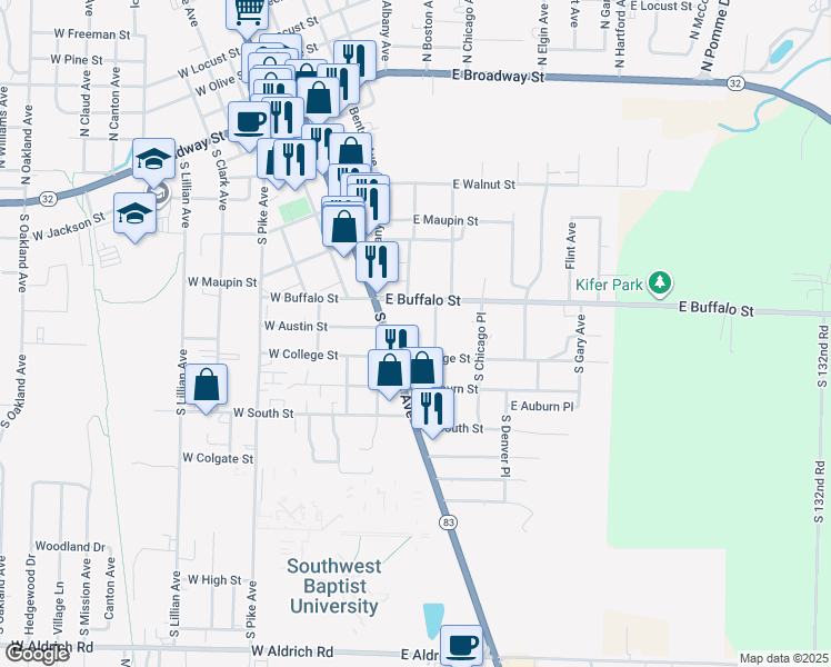 map of restaurants, bars, coffee shops, grocery stores, and more near 530 East Buffalo Street in Bolivar