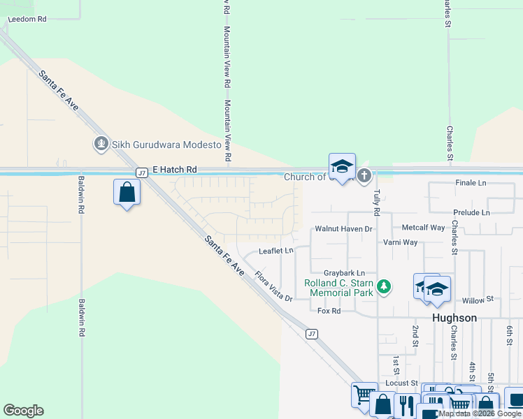 map of restaurants, bars, coffee shops, grocery stores, and more near 6324 East Hatch Road in Hughson