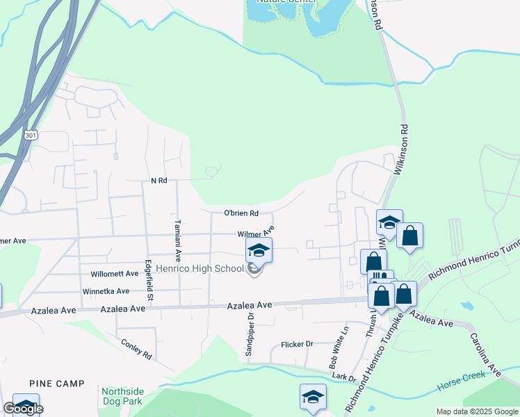 map of restaurants, bars, coffee shops, grocery stores, and more near 304 O'brien Road in Richmond