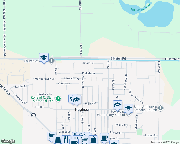 map of restaurants, bars, coffee shops, grocery stores, and more near 1616 Symphony Court in Hughson
