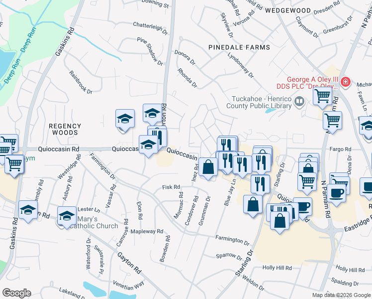 map of restaurants, bars, coffee shops, grocery stores, and more near 9214 Quioccasin Road in Richmond