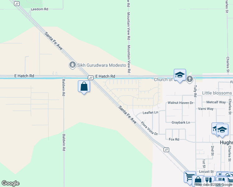map of restaurants, bars, coffee shops, grocery stores, and more near 6304-6398 East Hatch Road in Hughson