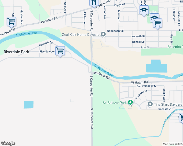 map of restaurants, bars, coffee shops, grocery stores, and more near S Carpenter Rd & W Hatch Rd in Modesto