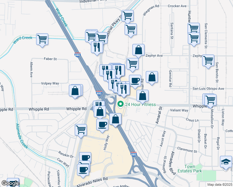 map of restaurants, bars, coffee shops, grocery stores, and more near 2499 Whipple Road in Hayward