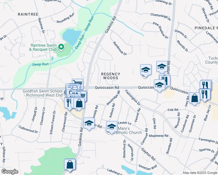 map of restaurants, bars, coffee shops, grocery stores, and more near 9623 Quioccasin Road in Henrico