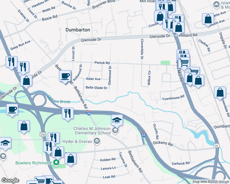 map of restaurants, bars, coffee shops, grocery stores, and more near 6604 Fernwood Street in Richmond