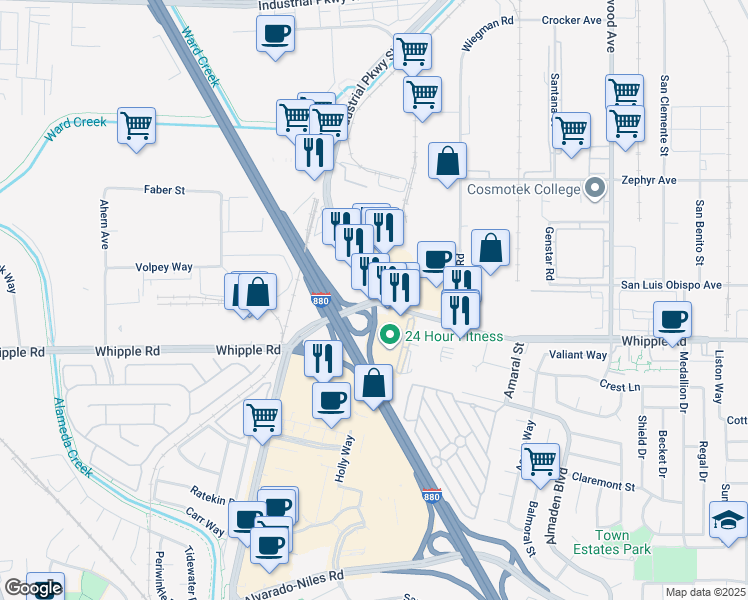 map of restaurants, bars, coffee shops, grocery stores, and more near 30158 Industrial Parkway Southwest in Hayward
