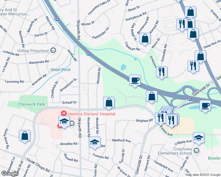 map of restaurants, bars, coffee shops, grocery stores, and more near 1800 Bayberry Court in Richmond