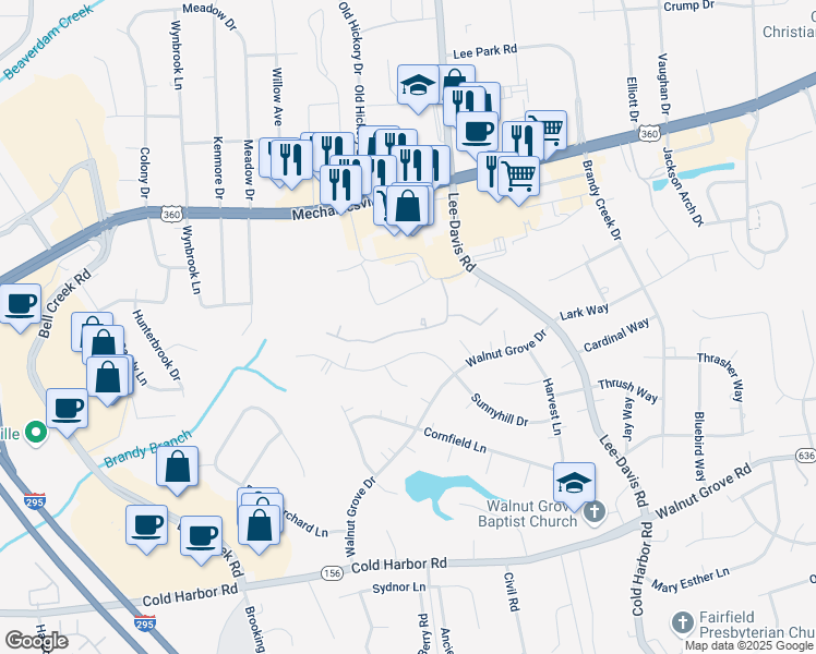 map of restaurants, bars, coffee shops, grocery stores, and more near 7120 Brandy Hill Terrace in Mechanicsville