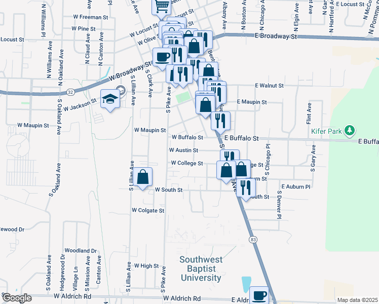 map of restaurants, bars, coffee shops, grocery stores, and more near 218 West Buffalo Street in Bolivar