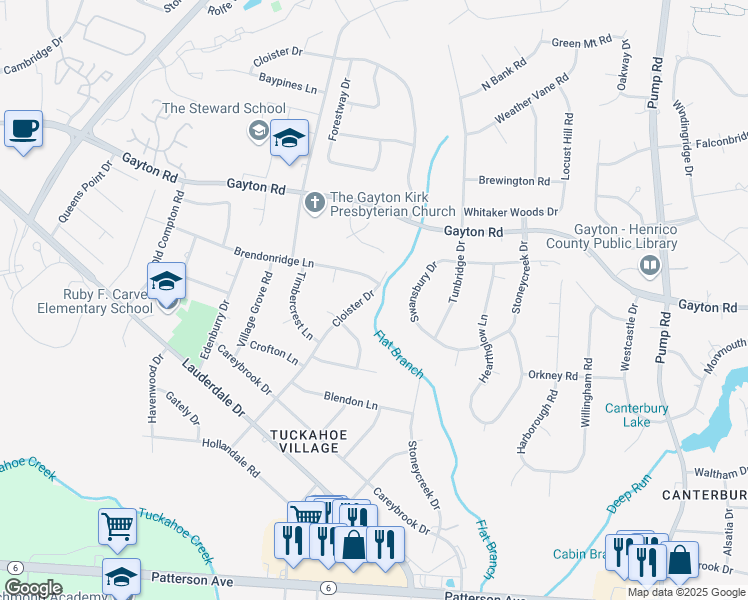 map of restaurants, bars, coffee shops, grocery stores, and more near 1611 Cloister Drive in Richmond