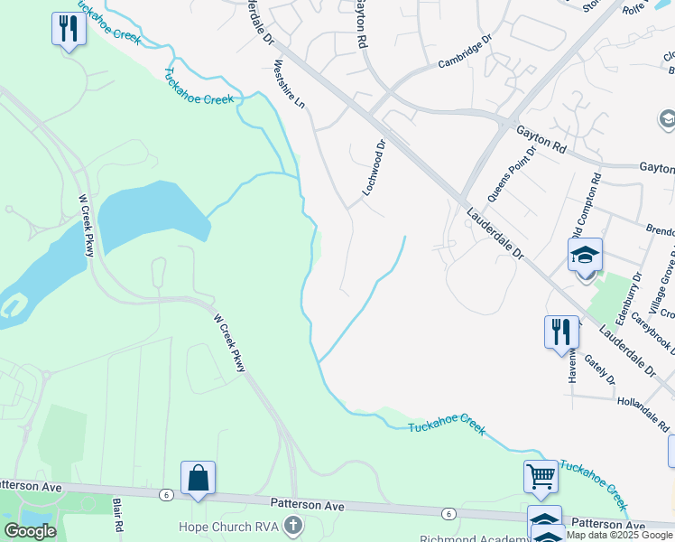 map of restaurants, bars, coffee shops, grocery stores, and more near 1408 Westshire Lane in Richmond