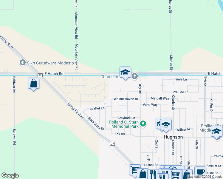 map of restaurants, bars, coffee shops, grocery stores, and more near 6505 Narcisco Way in Hughson