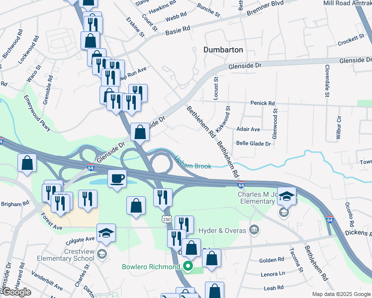 map of restaurants, bars, coffee shops, grocery stores, and more near 6806 Paragon Place in Richmond
