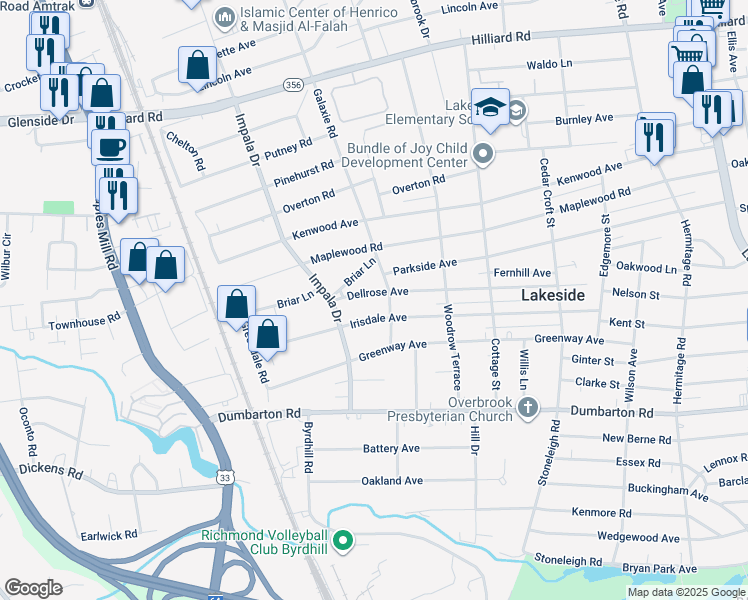 map of restaurants, bars, coffee shops, grocery stores, and more near 2907 Dellrose Avenue in Richmond