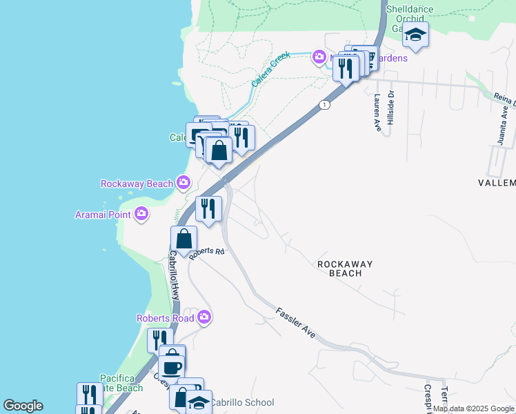 map of restaurants, bars, coffee shops, grocery stores, and more near 511 Buel Avenue in Pacifica