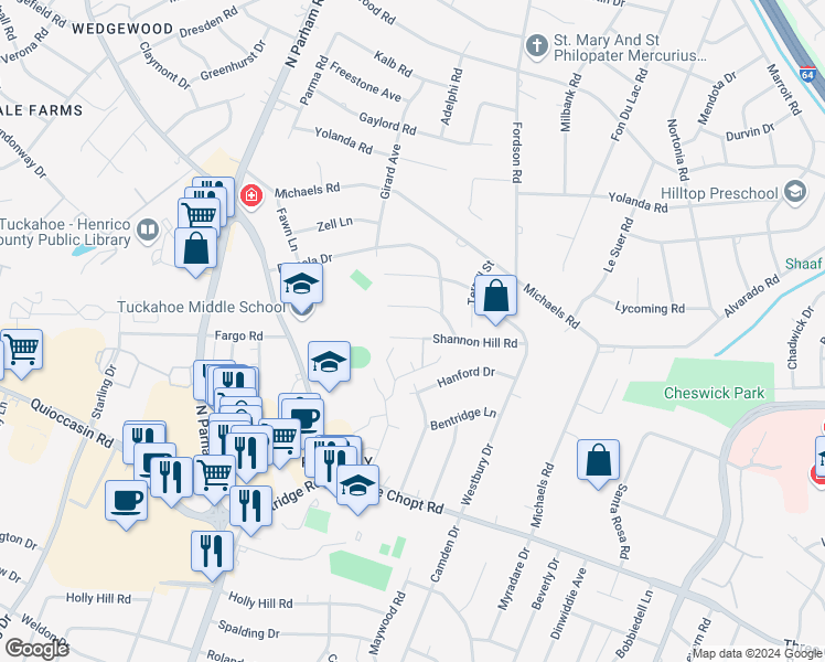 map of restaurants, bars, coffee shops, grocery stores, and more near 8308 Shannon Hill Rd in Henrico