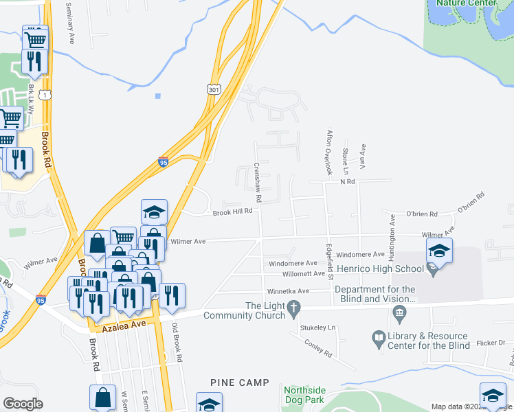 map of restaurants, bars, coffee shops, grocery stores, and more near 5603 Crenshaw Road in Richmond