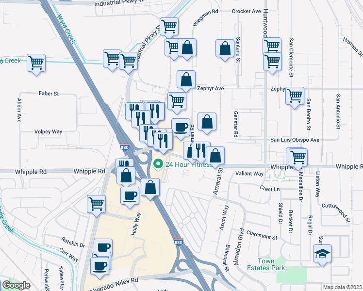 map of restaurants, bars, coffee shops, grocery stores, and more near 2499 Whipple Road in Hayward