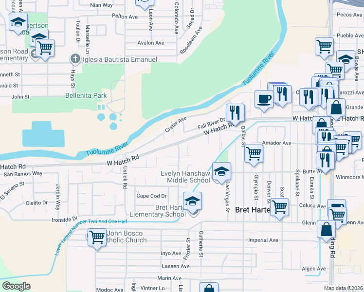 map of restaurants, bars, coffee shops, grocery stores, and more near 1600 Boise Avenue in Modesto